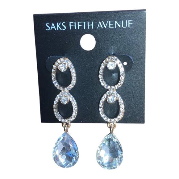 Saks Fifth Avenue NWT Gold Tone Shiny Rhinestones Triple Teardrop Earrings - Picture 4 of 10